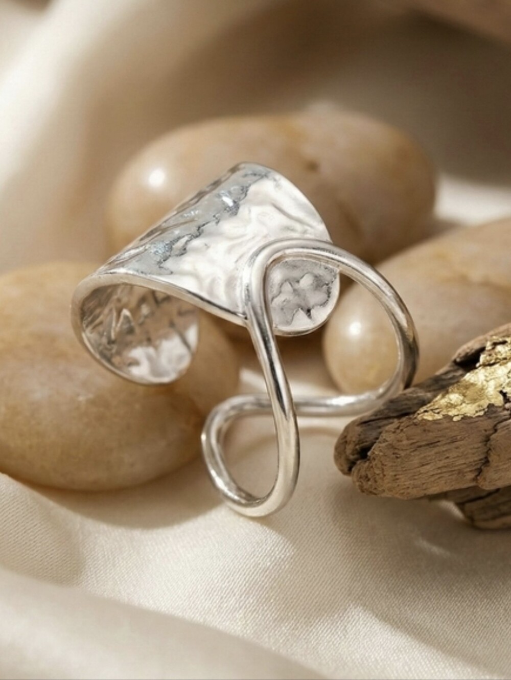 Stainless Steel Hammered Wrap Ring Sculptural Clean Girl Silver Tone Adj 6-9